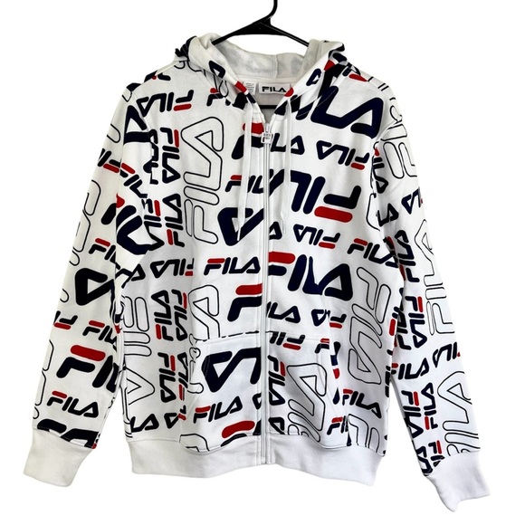 FILA NWT $65 All Over Print Logo White Hoodie Cypress Zip Jacket Large Y2K New - Picture 1 of 11